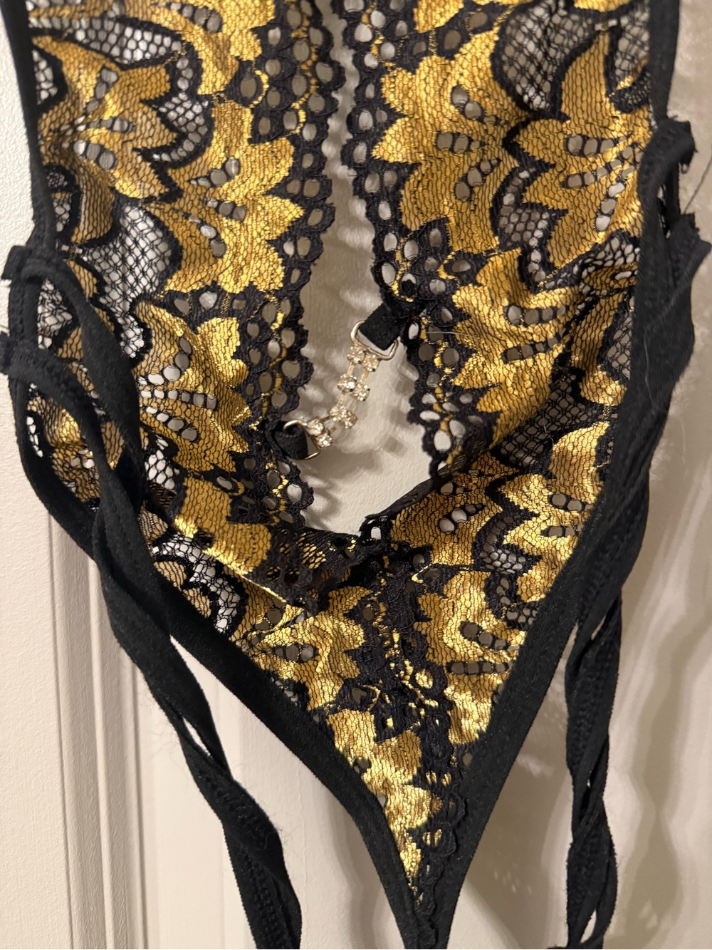 Avidlove Black Gold Lace Teddy Bodysuit Rhinestone Lingerie - Picture 3 of 5
